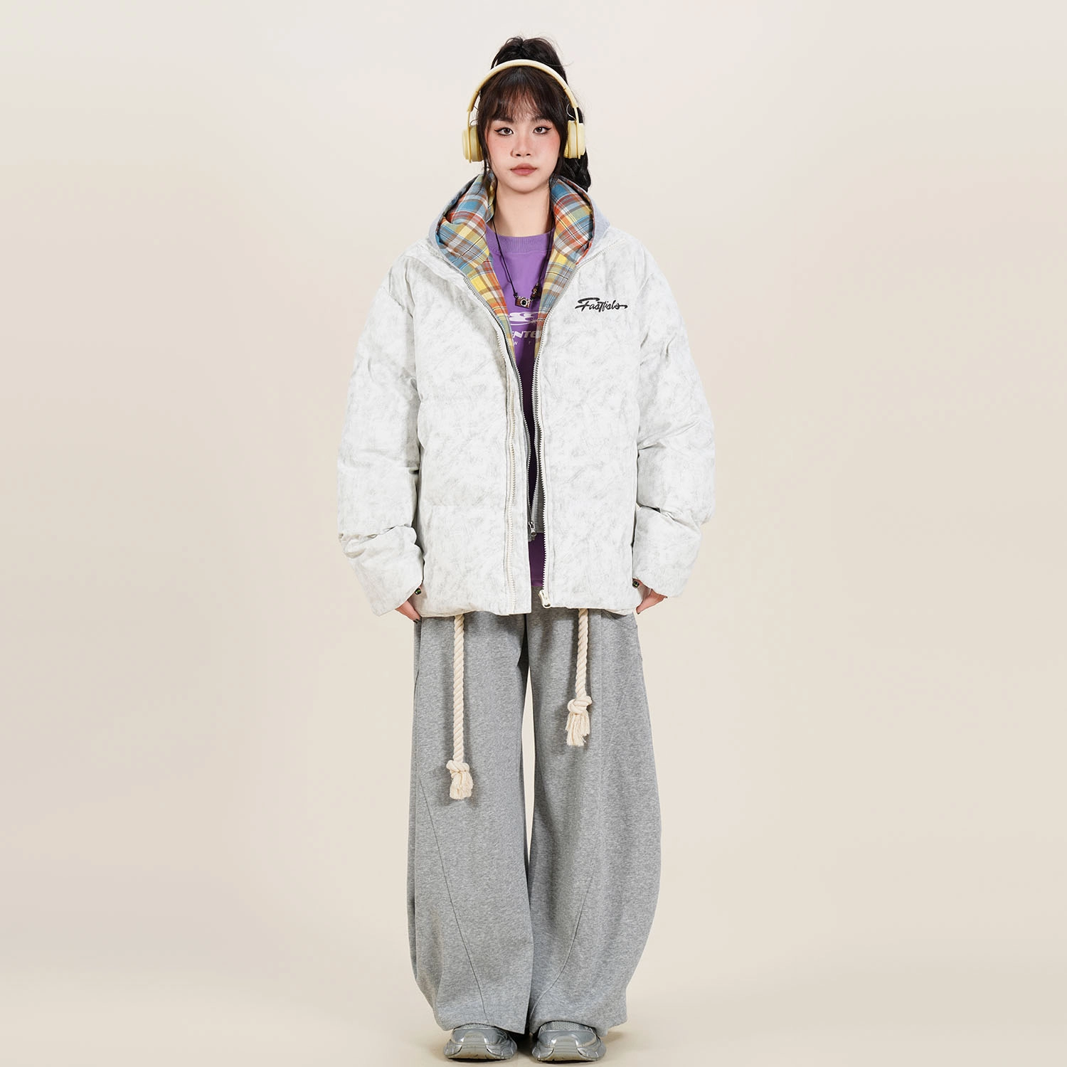 快鱼 美式高街复古百搭穿搭休闲宽松假两件棉服 男女同款 深灰色（红格）