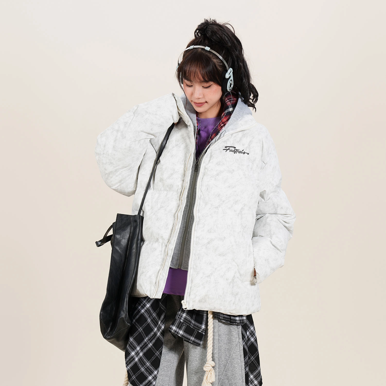 快鱼 美式高街复古百搭穿搭休闲宽松假两件棉服 男女同款 深灰色（红格）