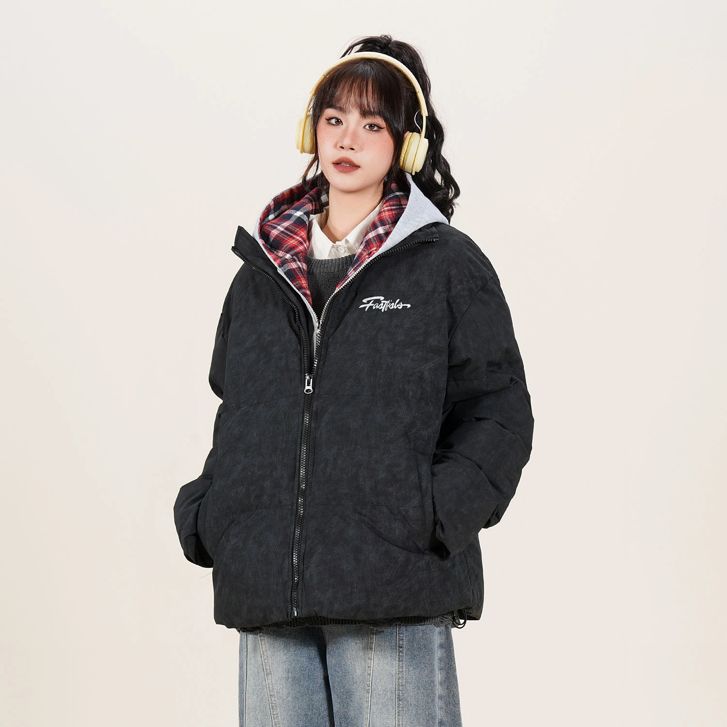 快鱼 美式高街复古百搭穿搭休闲宽松假两件棉服 男女同款 深灰色（红格）