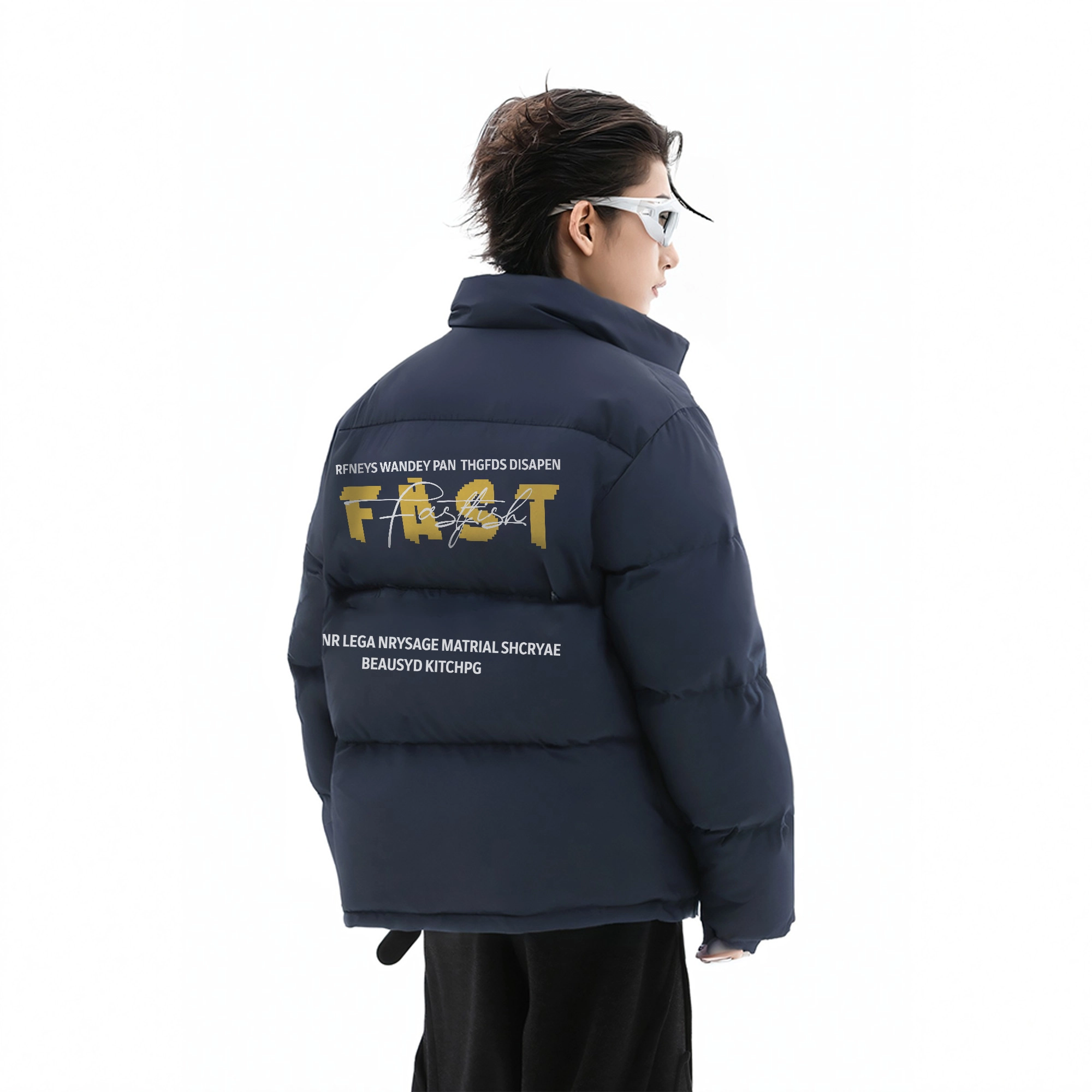 快鱼 美式高街手绘字母印花高级感宽松加厚防风防寒百搭长袖保暖日常通勤学院风立领拉链棉服 男女同款 黑色