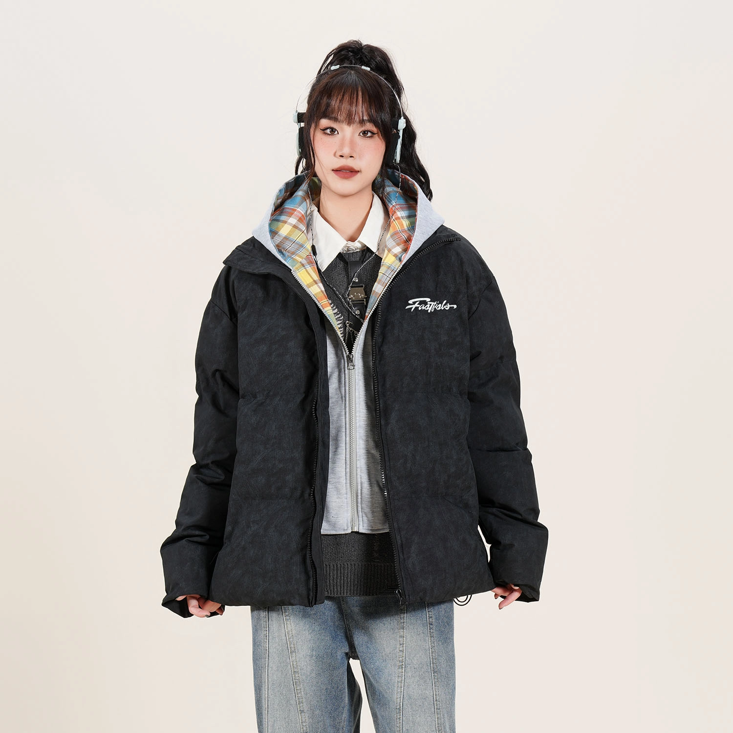 快鱼 美式高街复古百搭穿搭休闲宽松假两件棉服 男女同款 深灰色（红格）