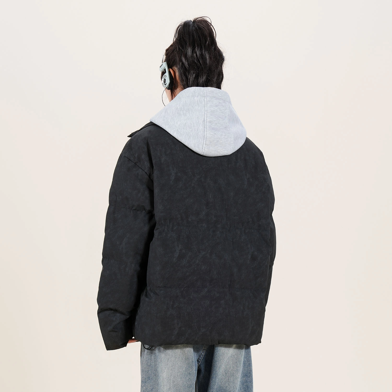 快鱼 美式高街复古百搭穿搭休闲宽松假两件棉服 男女同款 深灰色（红格）