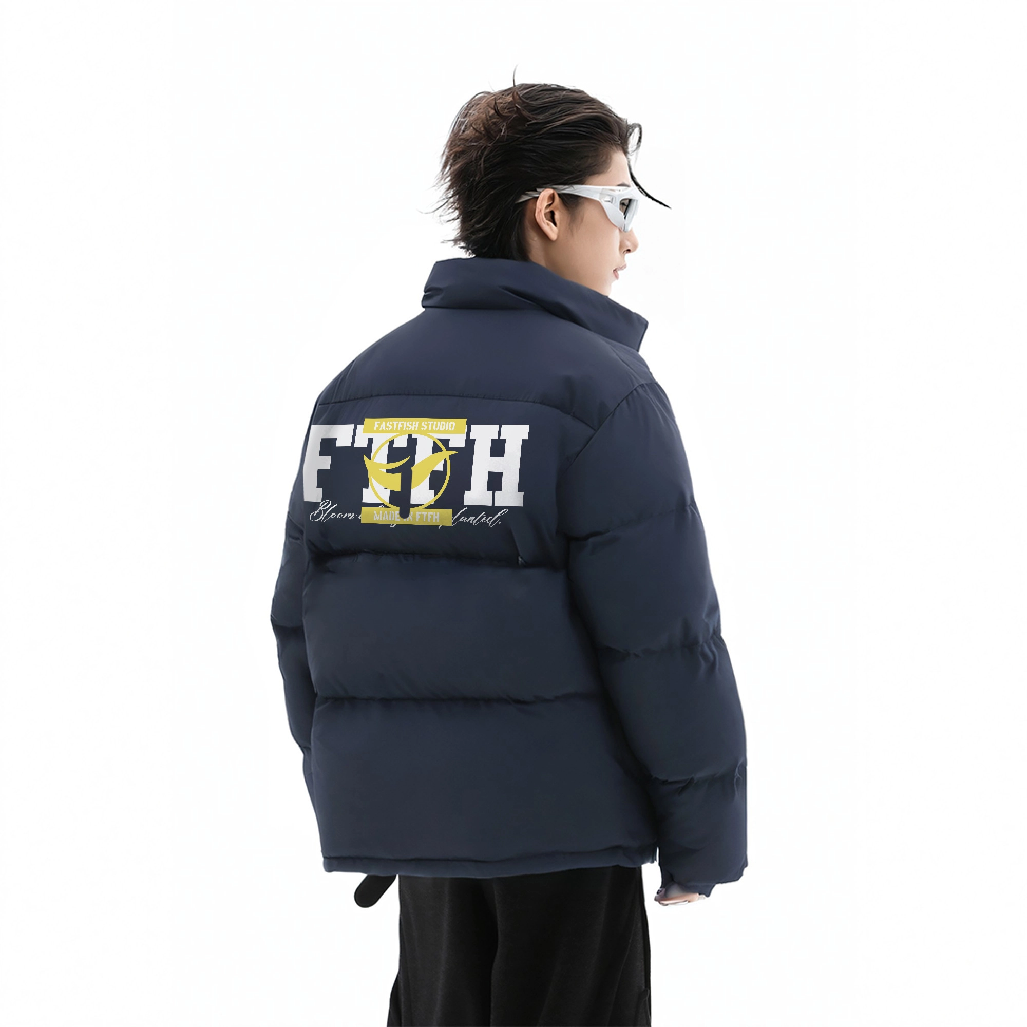 快鱼 美式复古大字母印花图案简约基础款学院风加厚舒适保暖防风防寒休闲宽松户外通勤时尚百搭长袖立领棉服 男女同款
