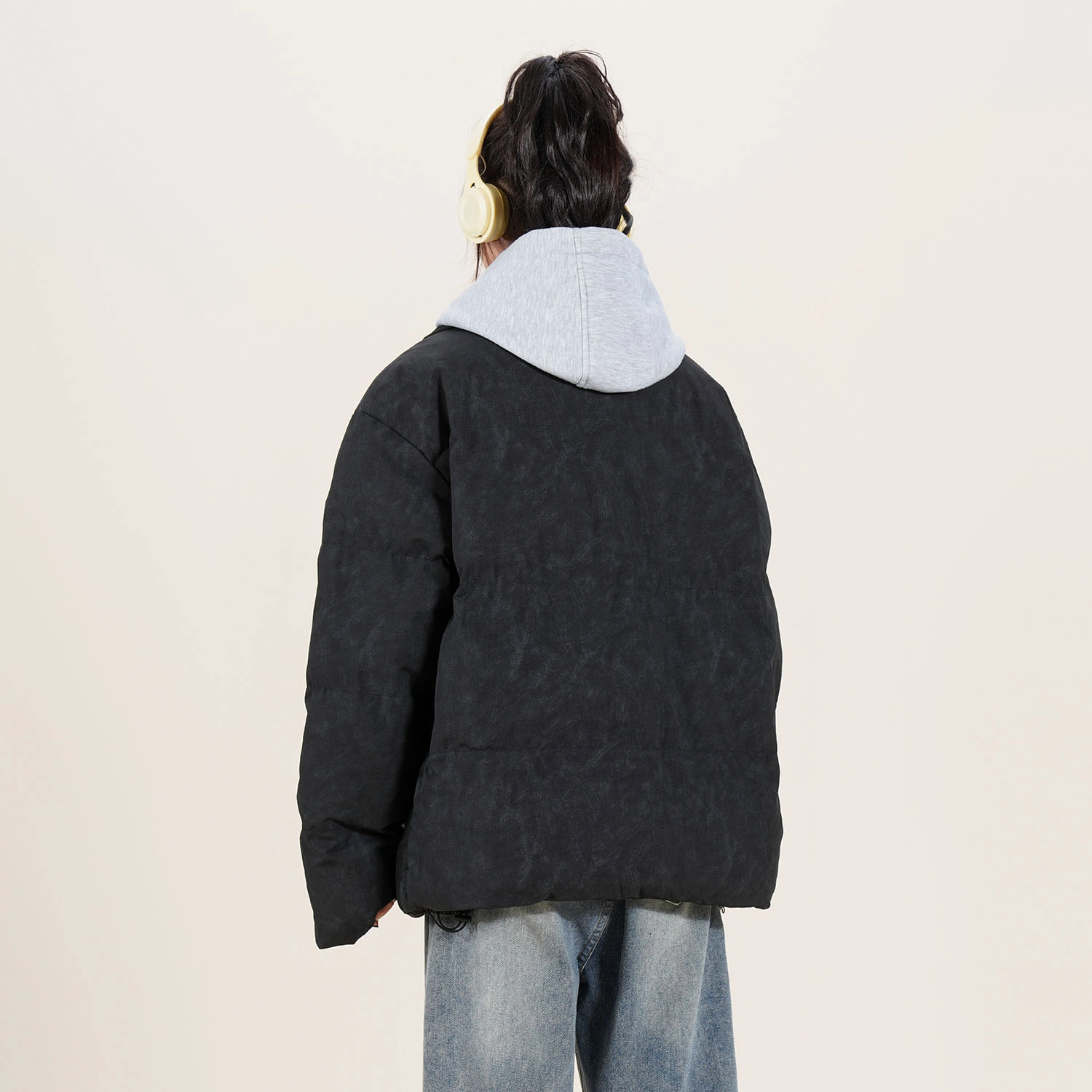 快鱼 美式高街复古百搭穿搭休闲宽松假两件棉服 男女同款 深灰色（红格）