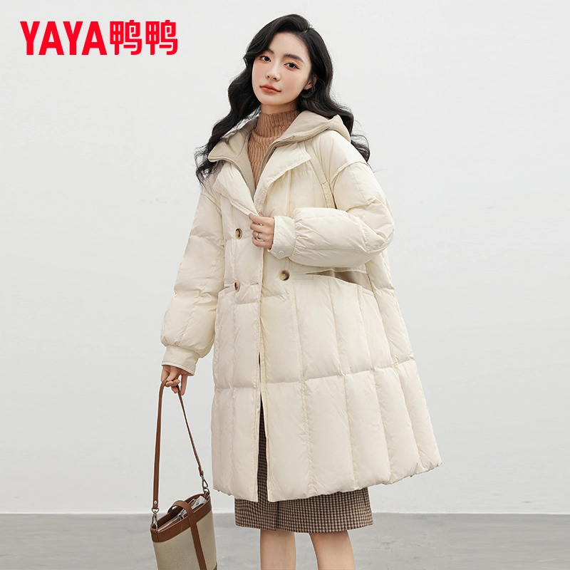 鸭鸭 纯色连帽拉链中长款假两件长袖羽绒服 女款