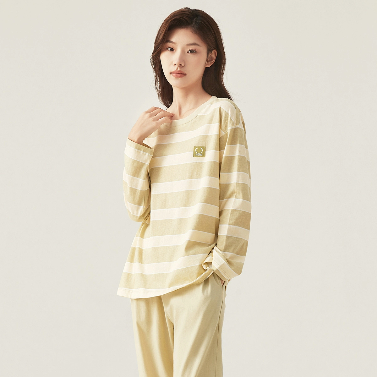顶瓜瓜 条纹笑脸绣标甜美柔软舒适家居服圆领长袖长裤睡衣套装 女款