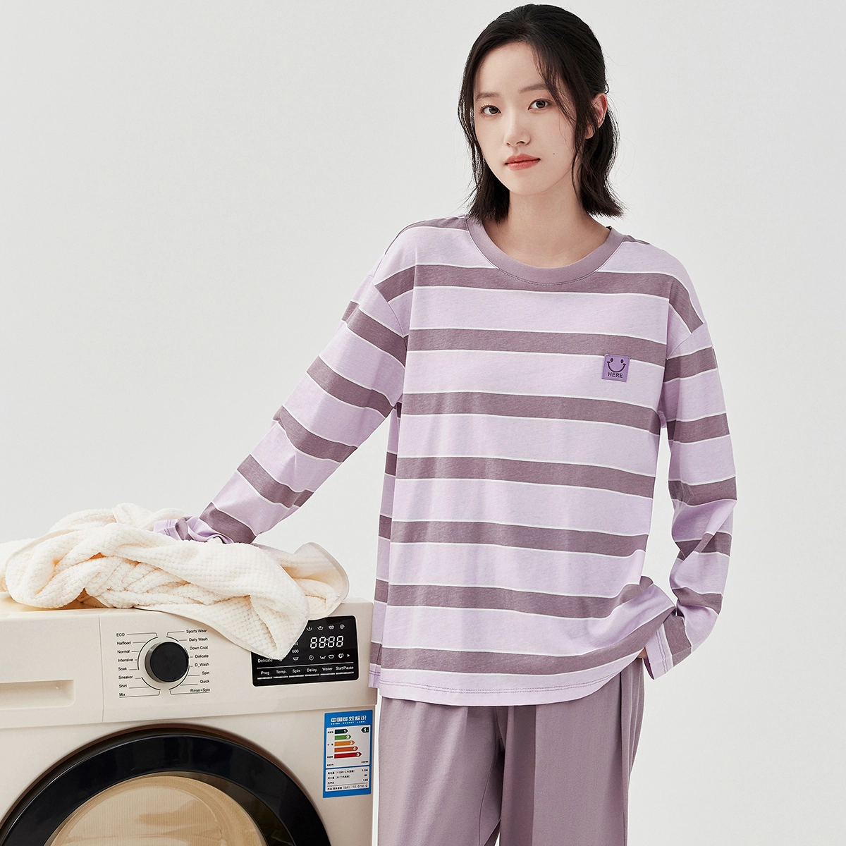 顶瓜瓜 条纹笑脸绣标甜美柔软舒适家居服圆领长袖长裤睡衣套装 女款
