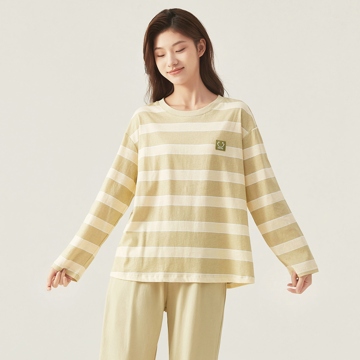 顶瓜瓜 条纹笑脸绣标甜美柔软舒适家居服圆领长袖长裤睡衣套装 女款