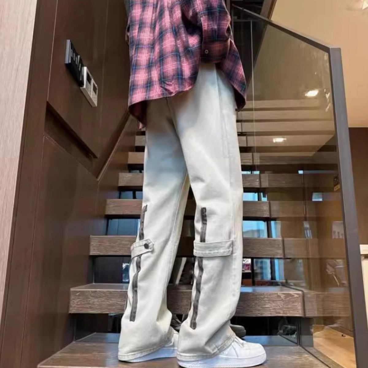 悍戈 美式小众设计感高街痞帅排扣拉链直筒微喇裤牛仔裤 男女同款
