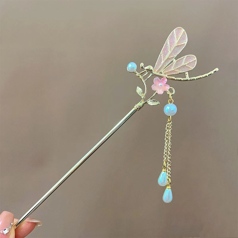 【云端之上】 指尖瑰宝 中式简约小众蜻蜓花朵幻彩古风精致优雅灵动流苏一步一摇簪子盘发汉服头饰 合金/滴油 发簪 女款
