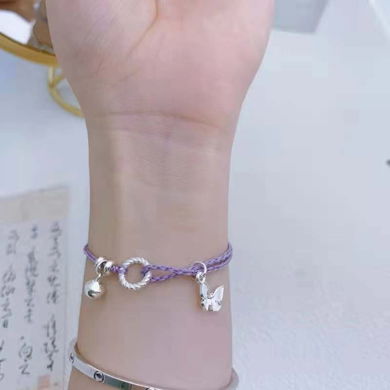 指尖瑰宝 新中式紫色 编织蝴蝶铃铛织物 优雅森系手链 女款