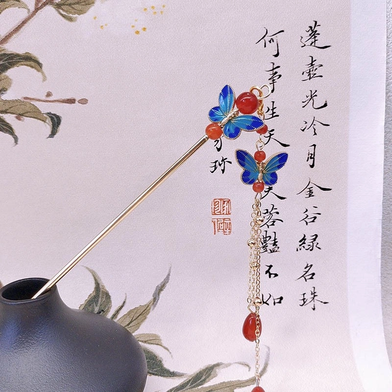 【迷途踪迹】 指尖瑰宝 蓝色蝴蝶流苏吊坠发饰古典韵味梦幻双蝶简约中式盘古风步摇发钗汉服头饰 合金/烧蓝 发簪 女款