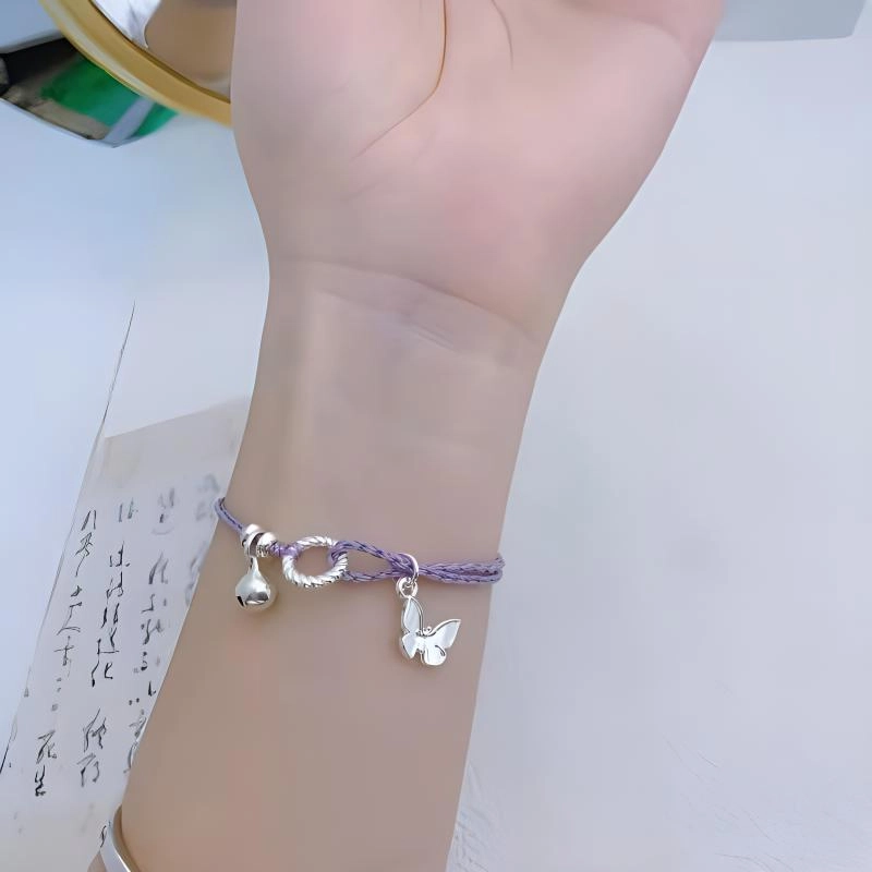指尖瑰宝 新中式紫色 编织蝴蝶铃铛织物 优雅森系手链 女款