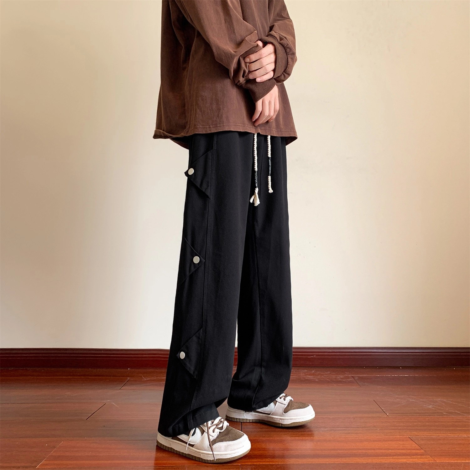 寻星记 美式高街风透气薄款宽松直筒阔腿垂感微喇排扣工装长裤休闲裤 男女同款