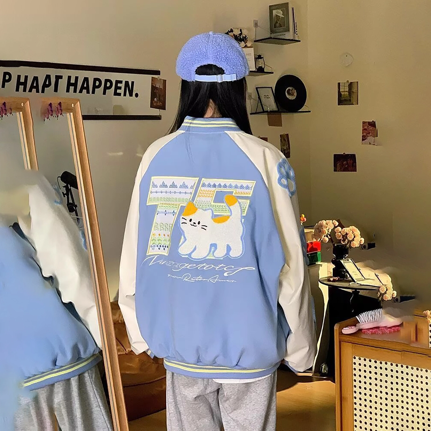 美式高街简约通勤字母印花设计撞色拼接休闲个性百搭复古风宽松长袖 小众设计感与舒适并存棒球服 男女同款