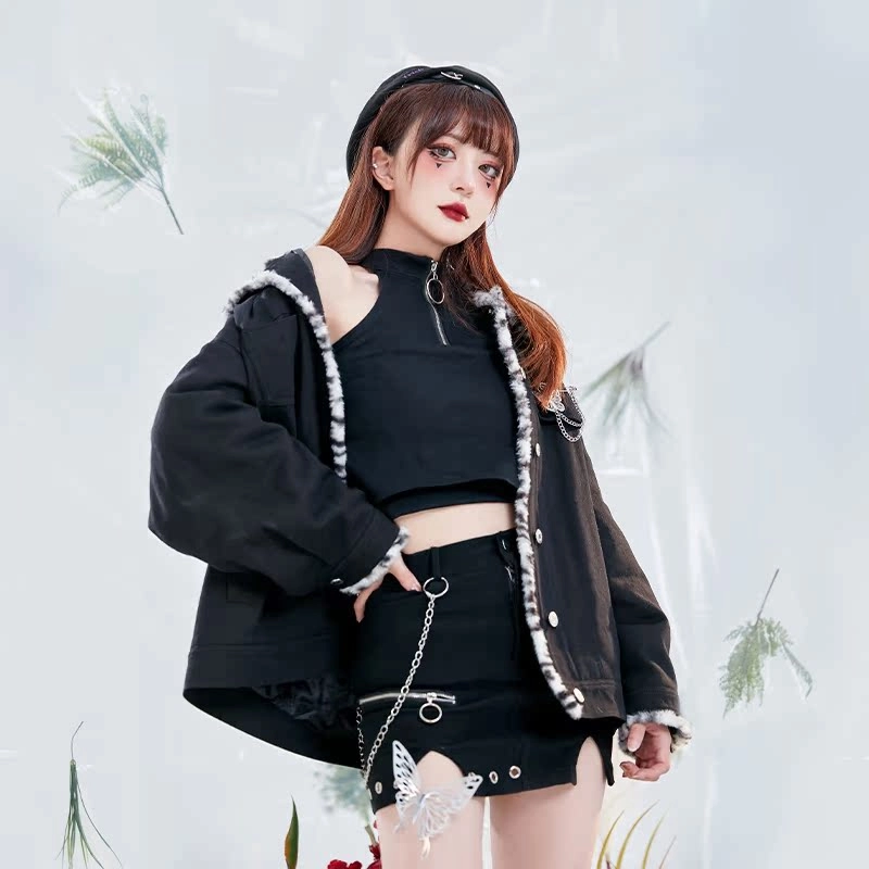 御茶家 蝴蝶风暴 豹纹拼接撞色毛领加厚短款棒球服夹克外套 女款 黑