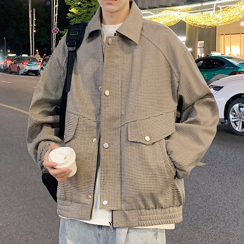 左岸 春秋季港风时尚潮牌条纹格子百搭开衫翻领上衣加肥加大码休闲宽松舒适防风外套夹克 男款
