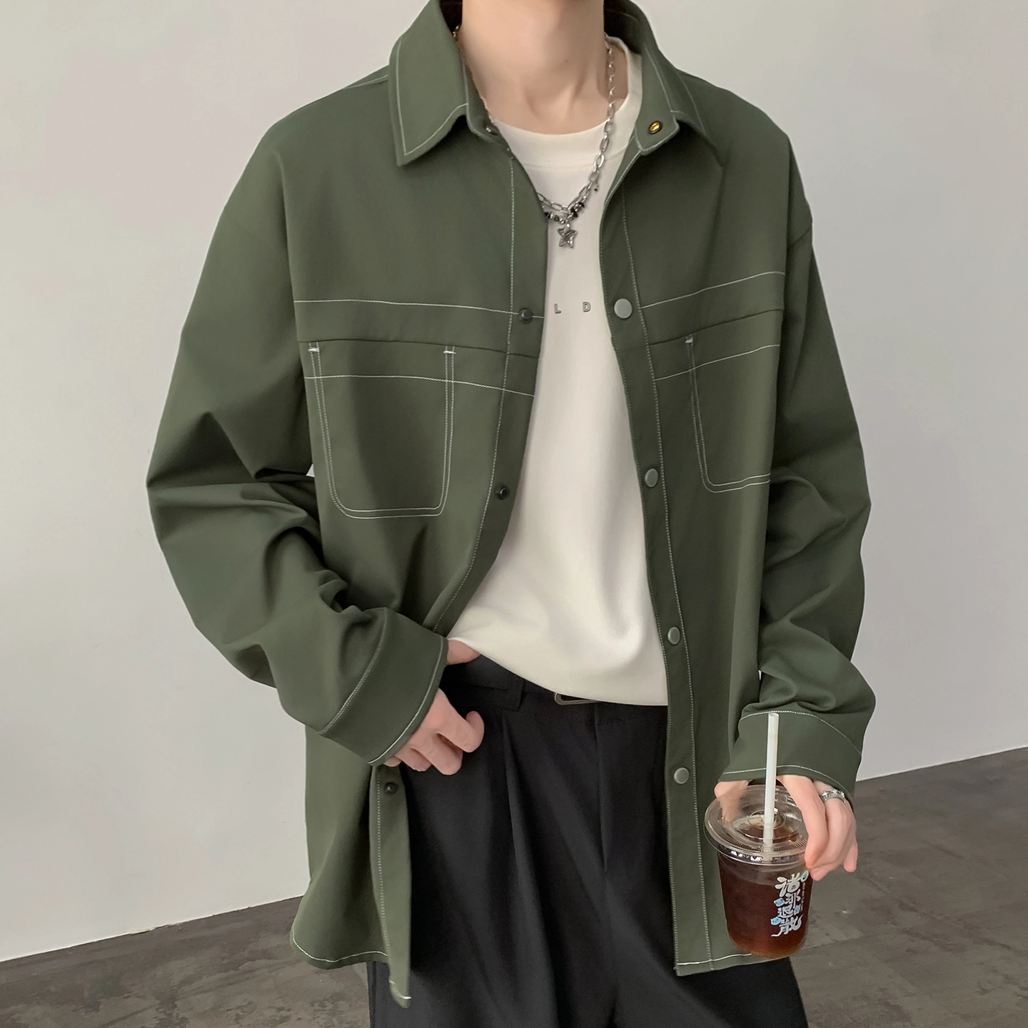 左岸 春秋港风时尚潮流百搭开衫上衣休闲宽松舒适衬衣设计感明线插色老钱风衬衫 男款