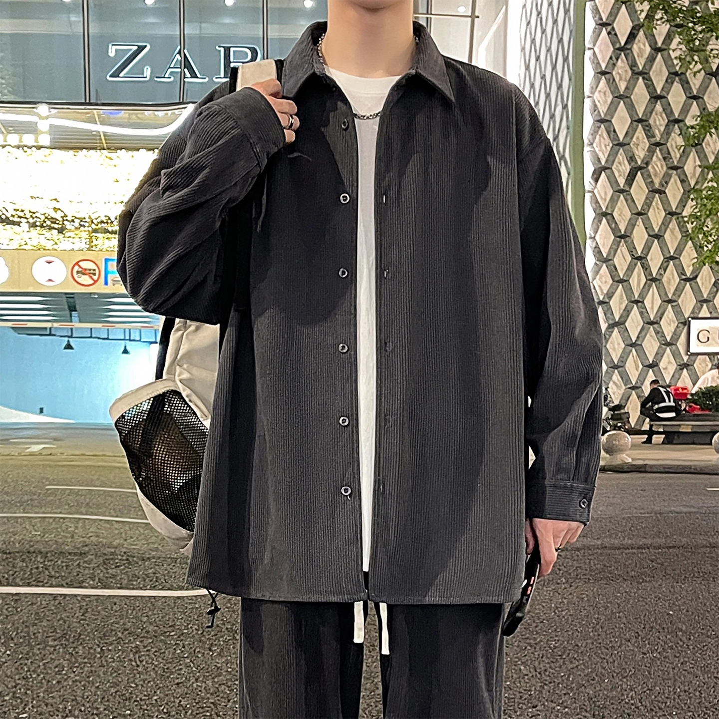 左岸 港风潮流简约百搭春秋上衣休闲宽松舒适透气纯色灯芯绒衬衣潮牌翻领开衫薄款外套衬衫 男款