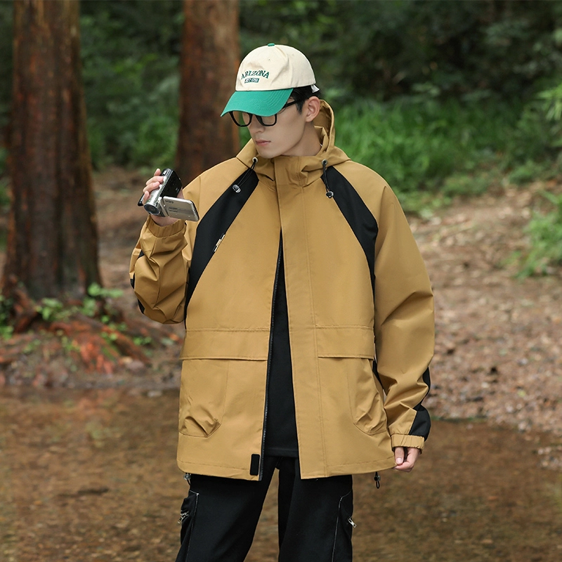 左岸 美式潮牌百搭撞色拼接带帽开衫上衣宽松休闲舒适山系户外防风工装风冲锋外套夹克 男款