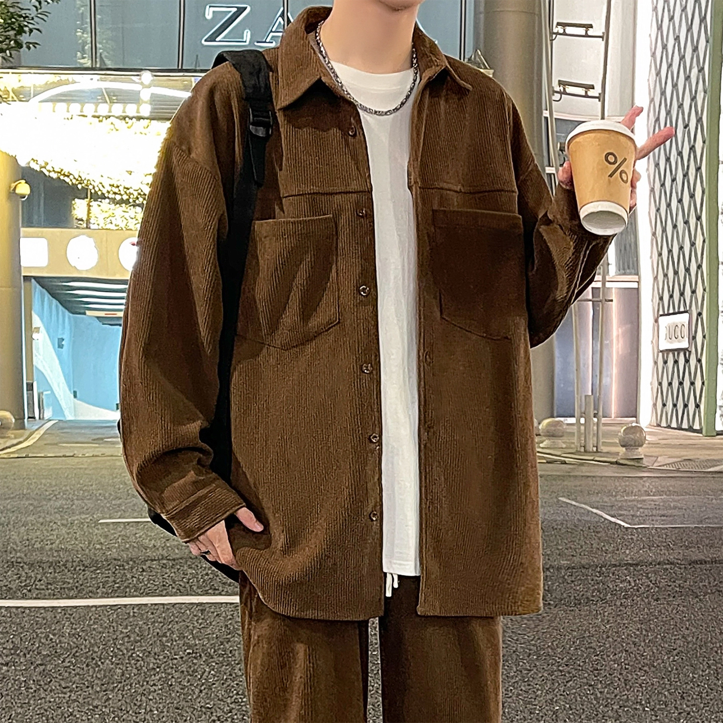 左岸 美式复古潮流百搭春秋休闲宽松舒适透气纯色灯芯绒衬衣潮牌设计感翻领开衫薄款外套衬衫 男款