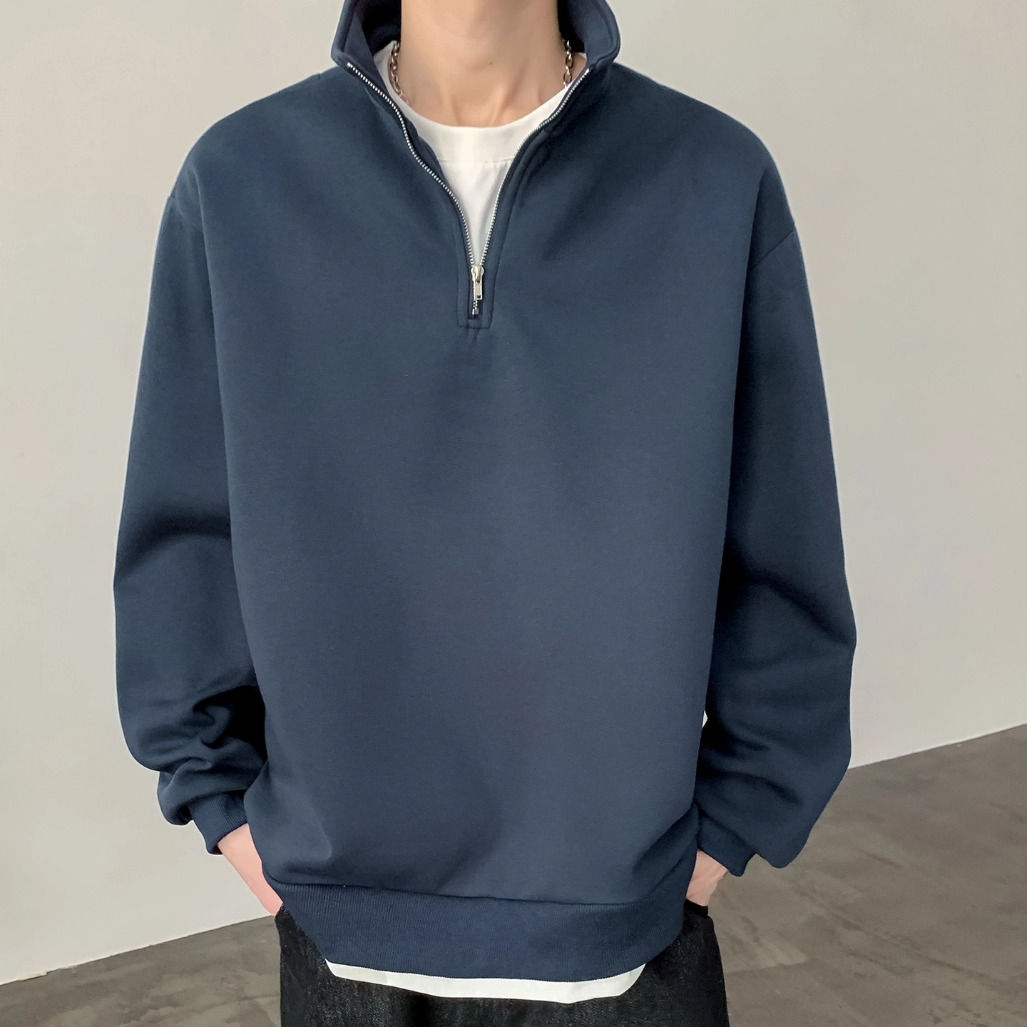 左岸 春秋青少年港风时尚潮牌休闲宽松简约长袖半拉链翻领上衣百搭帅气穿搭舒适加肥加大码撞色拼接假两件卫衣 男款