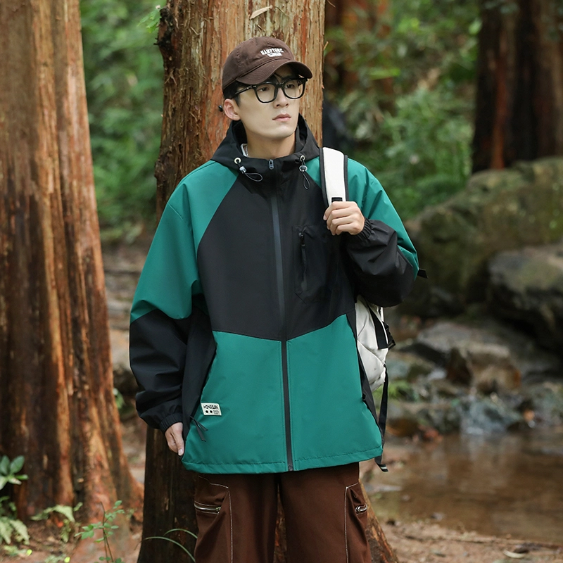 左岸 春秋季美式潮牌百搭撞色拼接带帽开衫上衣宽松休闲舒适山系户外防风工装风冲锋外套夹克 男款