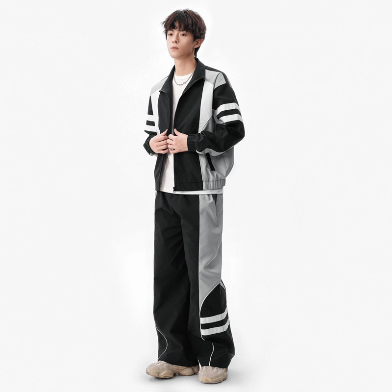 左岸 青少年春秋百搭潮流宽松两件套时尚设计感拼接撞色翻领开衫上衣长裤搭配一整套休闲运动套装 男款