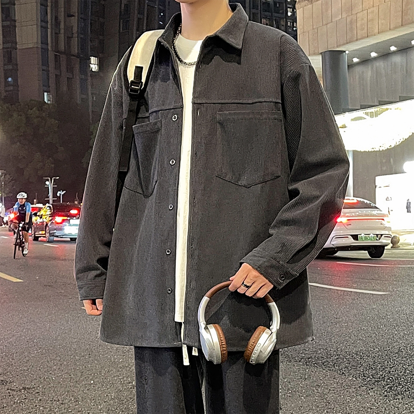 左岸 美式复古潮流百搭春秋休闲宽松舒适透气纯色灯芯绒衬衣潮牌设计感翻领开衫薄款外套衬衫 男款