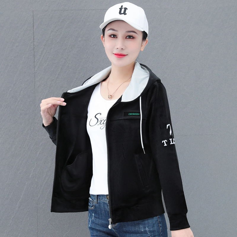 左岸 灯芯绒运动简约休闲舒适女春秋时尚减龄洋气拉链开衫连帽卫衣绒感外套 女款