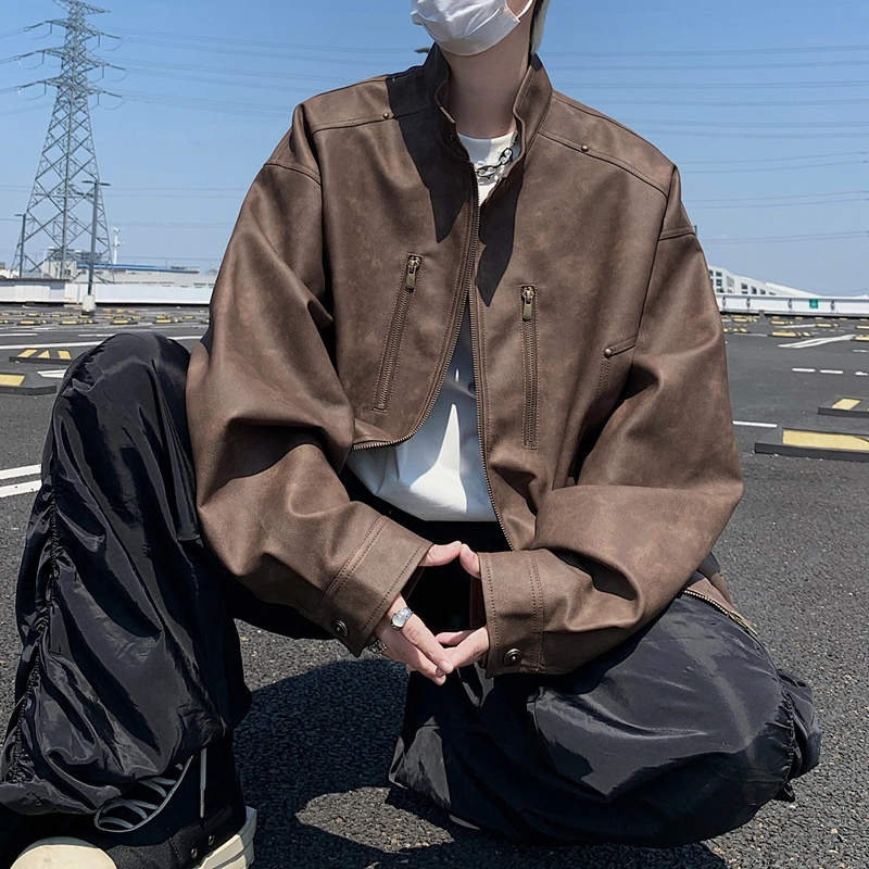 左岸 美式复古高街铆钉时尚潮牌百搭拉链开衫立领上衣休闲宽松舒适春秋季防风夹克外套皮衣 男款