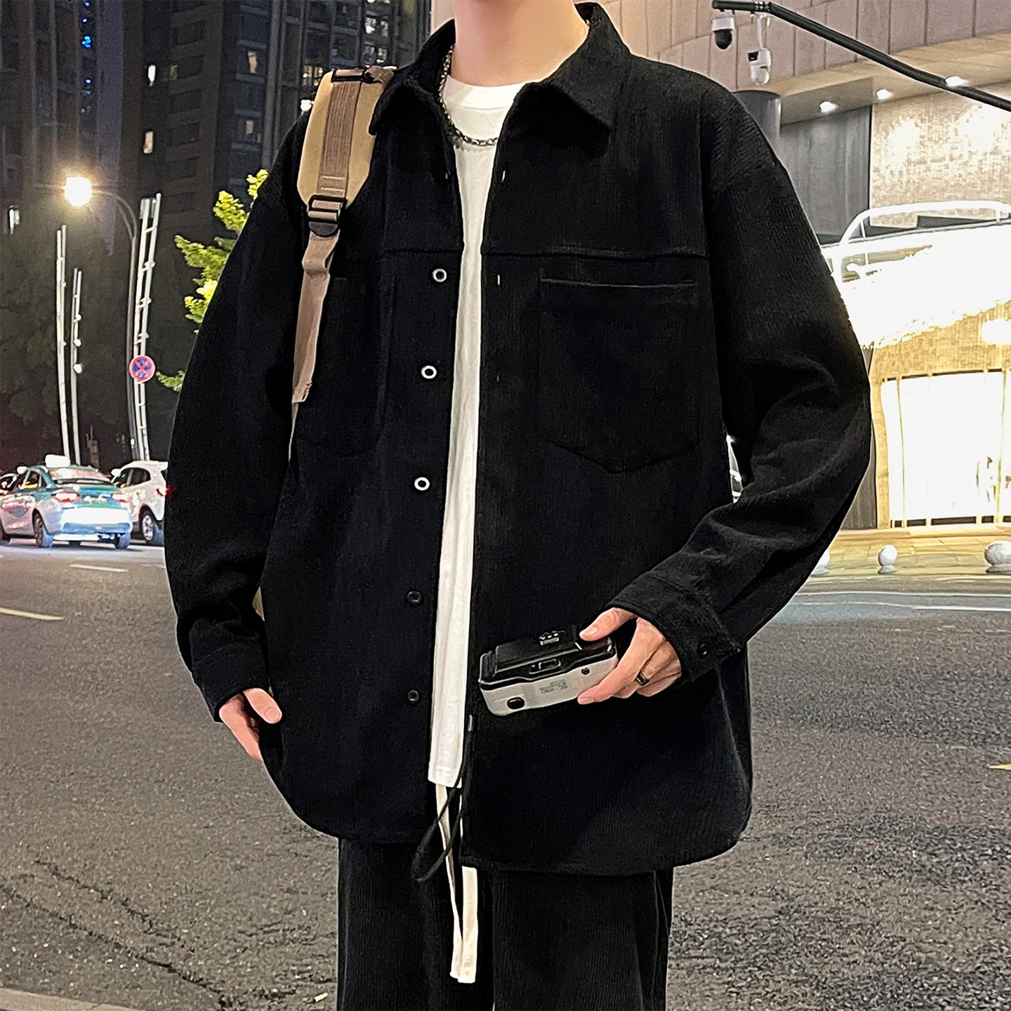 左岸 美式复古潮流百搭春秋休闲宽松舒适透气纯色灯芯绒衬衣潮牌设计感翻领开衫薄款外套衬衫 男款