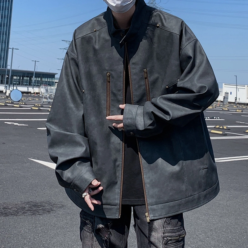 左岸 美式复古高街铆钉时尚潮牌百搭拉链开衫立领上衣休闲宽松舒适春秋季防风夹克外套皮衣 男款