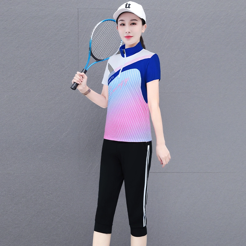 左岸  夏季冰感吸湿排汗舒适柔软轻便网眼宽松亲肤修身透气时尚百搭圆领速干短袖短裤户外运动拼色日常通勤休闲  健身套装  女款