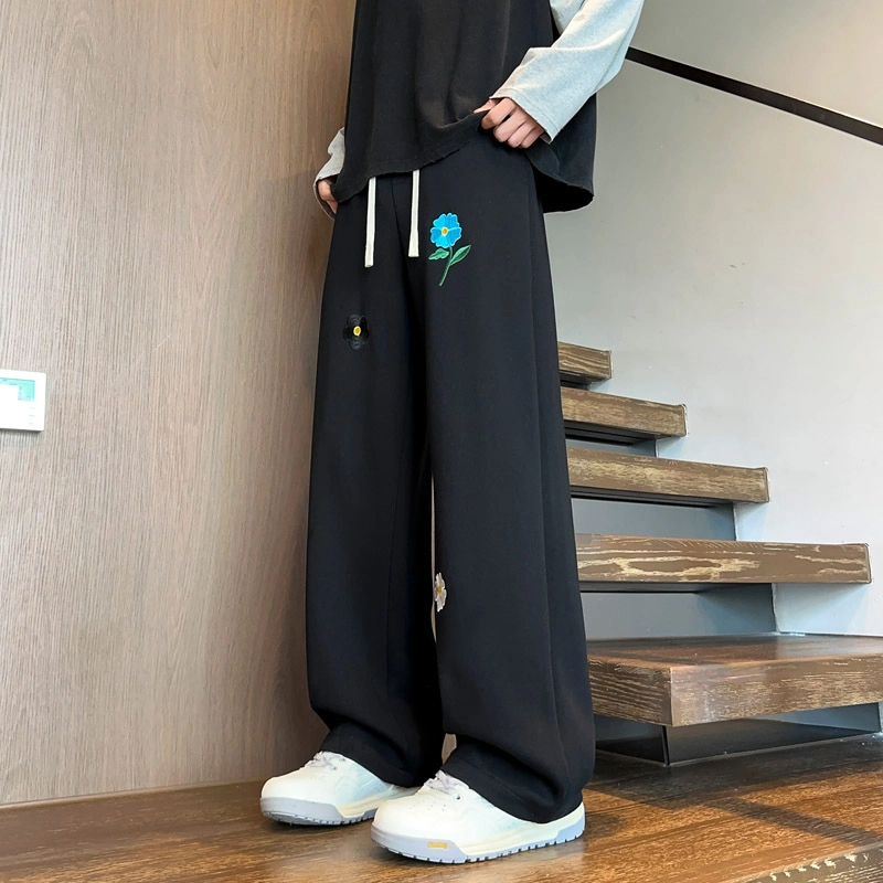 左岸 青少年港风时尚潮流百搭绣花宽松直筒卫裤长裤柔软舒适轻便透气阔腿裤春秋季休闲裤 男款
