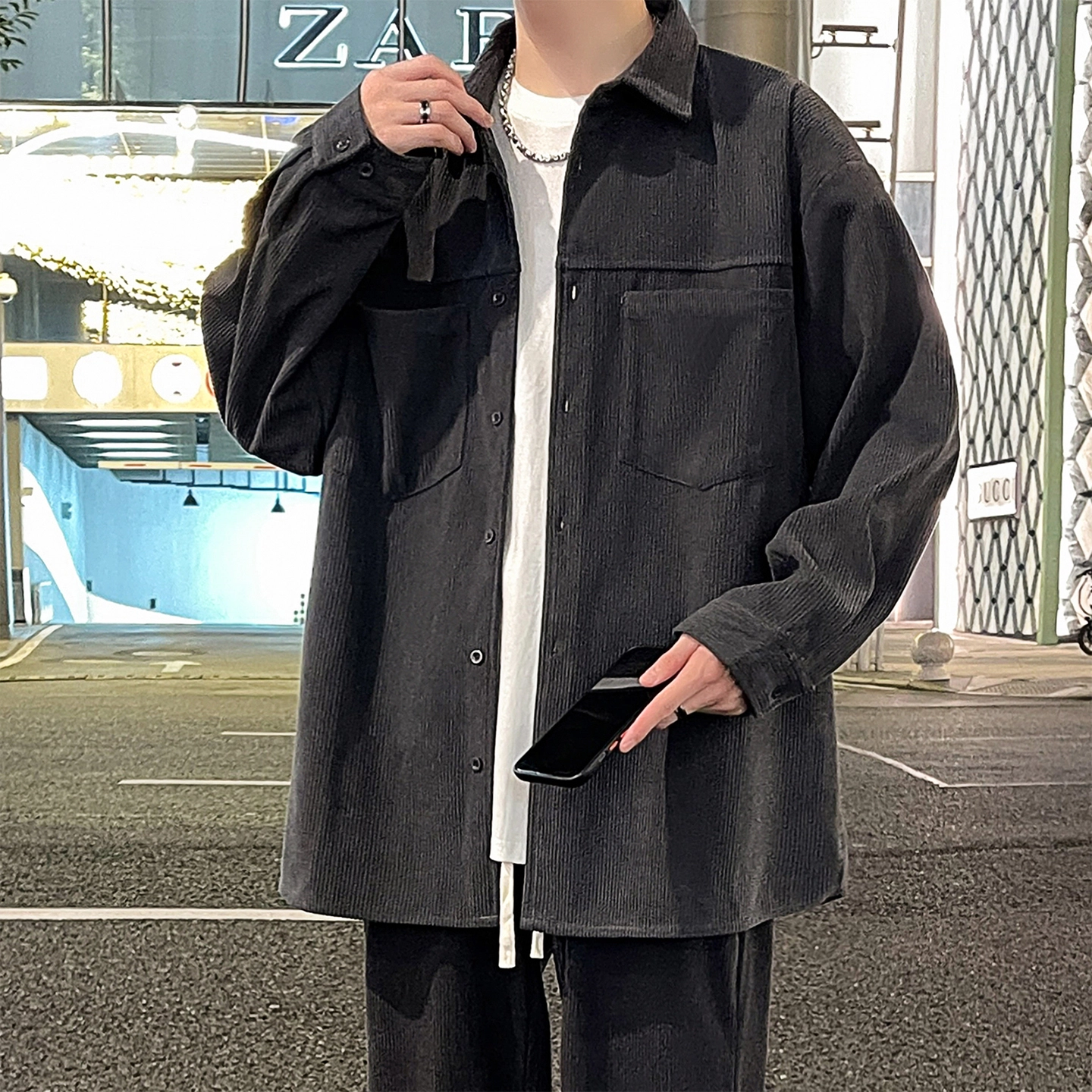 左岸 美式复古潮流百搭春秋休闲宽松舒适透气纯色灯芯绒衬衣潮牌设计感翻领开衫薄款外套衬衫 男款