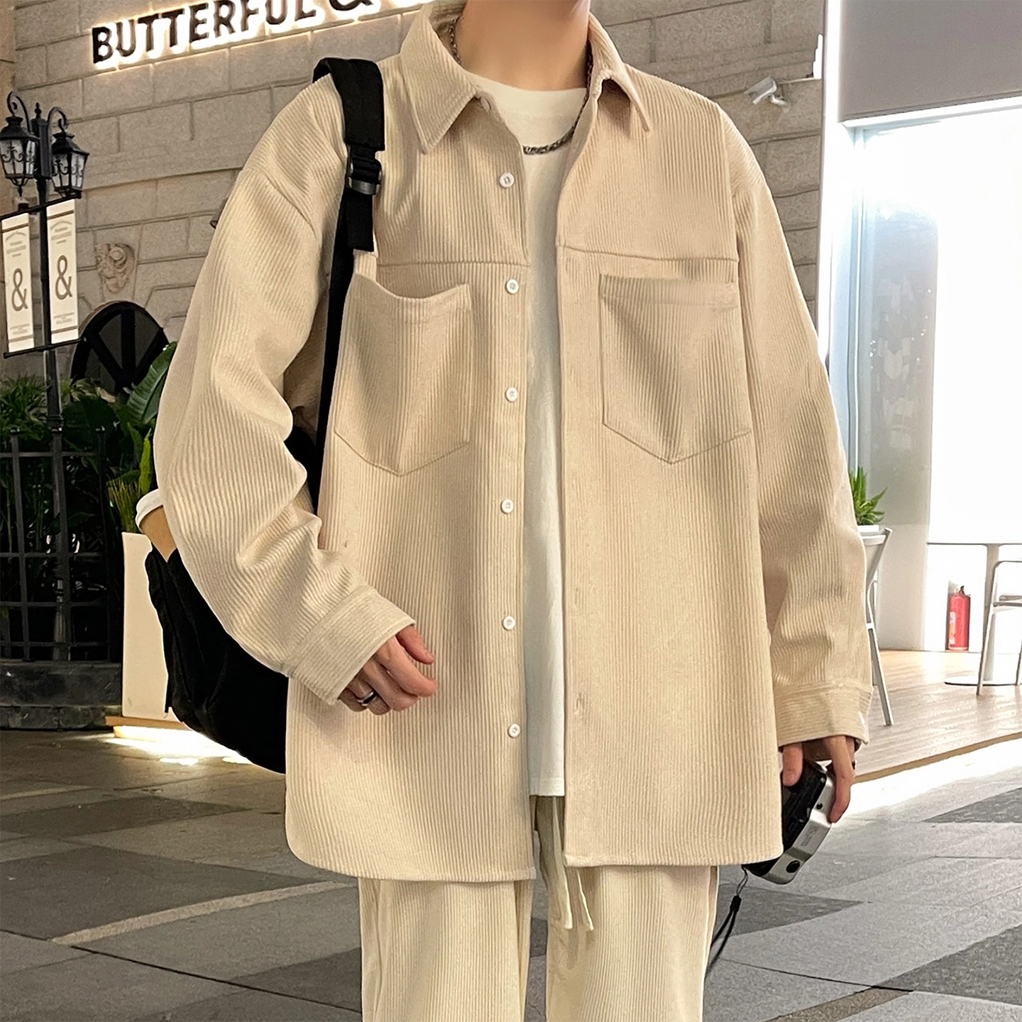左岸 美式复古潮流百搭春秋休闲宽松舒适透气纯色灯芯绒衬衣潮牌设计感翻领开衫薄款外套衬衫 男款