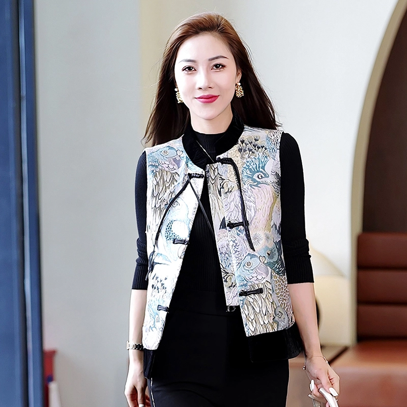 左岸 新中式国风盘扣复古拼接马夹时尚提花优雅气质东方古韵民族风缎面刺绣精致上衣开衫外套坎肩背心简约百搭叠穿立领马甲 女款