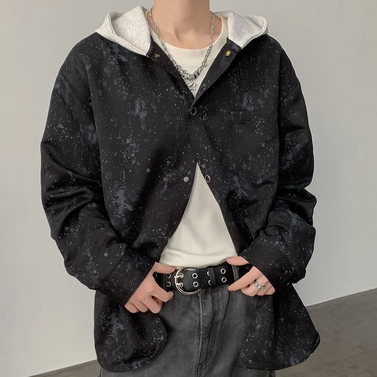 左岸 港风潮流百搭春秋连帽开衫泼墨印花上衣休闲宽松舒适衬衣潮牌老钱风衬衫 男款