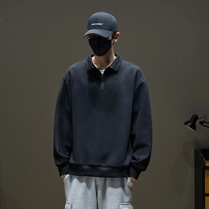 左岸 春秋青少年港风时尚潮牌休闲宽松简约长袖半拉链翻领上衣百搭帅气穿搭舒适加肥加大码卫衣 男款