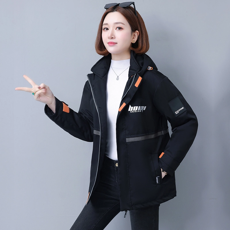 左岸 美式高街时尚潮流拼接设计字母印花韩系面包服棉衣防风抗寒保暖加厚机能工装外套运动休闲御寒厚实暖和棉袄炸街连帽派克棉服 女款