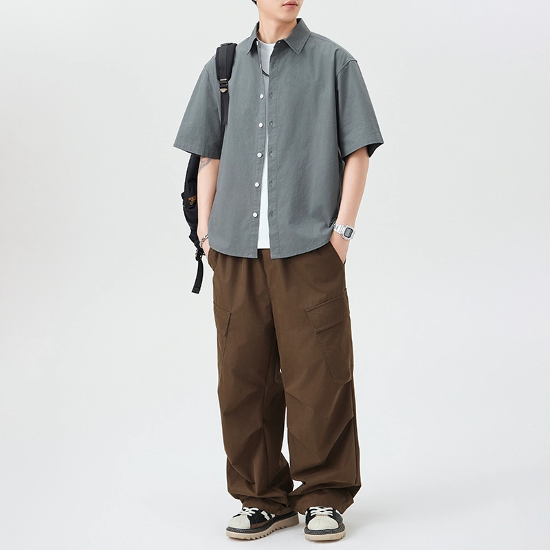 左岸 夏季轻薄纯棉透气短袖衬衣日系复古翻领纯色简约休闲上衣衬衫 男款