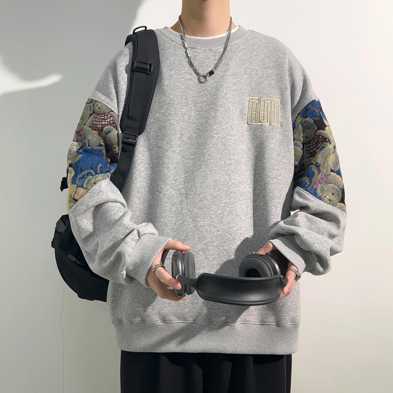 左岸 春秋青少年港风时尚潮牌休闲宽松拼接熊猫印花长袖圆领上衣经典百搭帅气穿搭舒适撞色卡通卫衣 男款