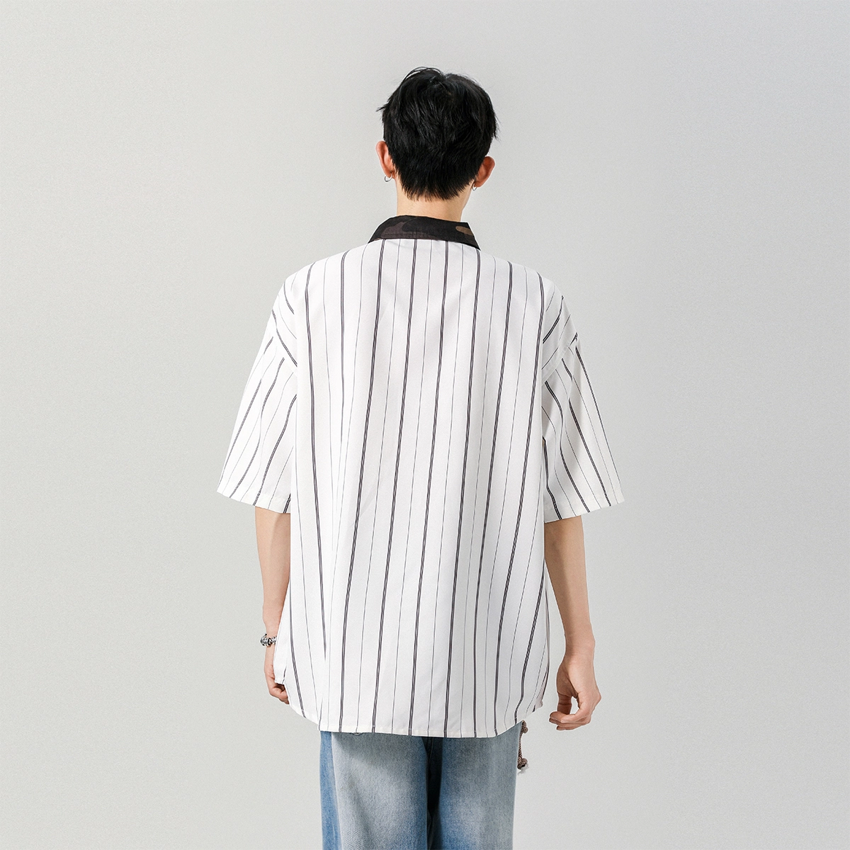左岸 港风条纹拼接潮牌慵懒风痞帅宽松休闲短袖衬衫 男款