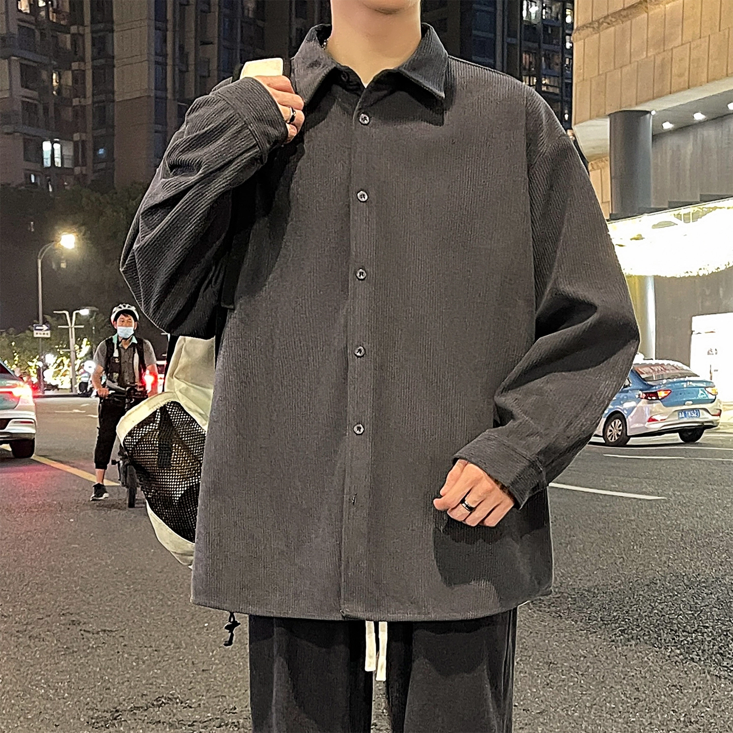 左岸 港风潮流简约百搭春秋上衣休闲宽松舒适透气纯色灯芯绒衬衣潮牌翻领开衫薄款外套衬衫 男款