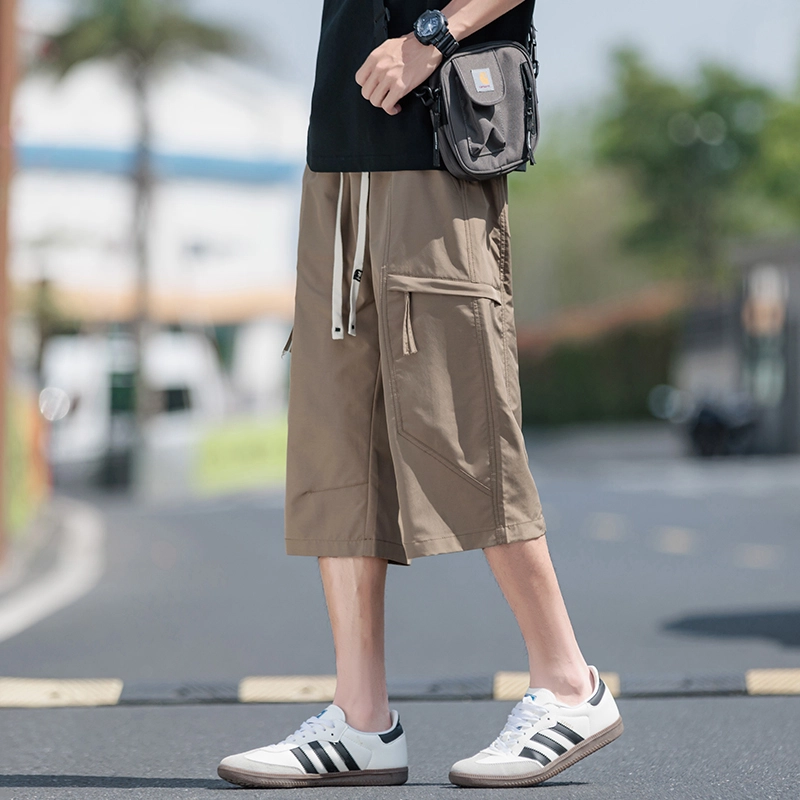 左岸 美式复古城市纯色侧边口袋褶皱抽绳设计感凉感简约休闲舒适宽松时尚个性潮牌工装短裤 男款