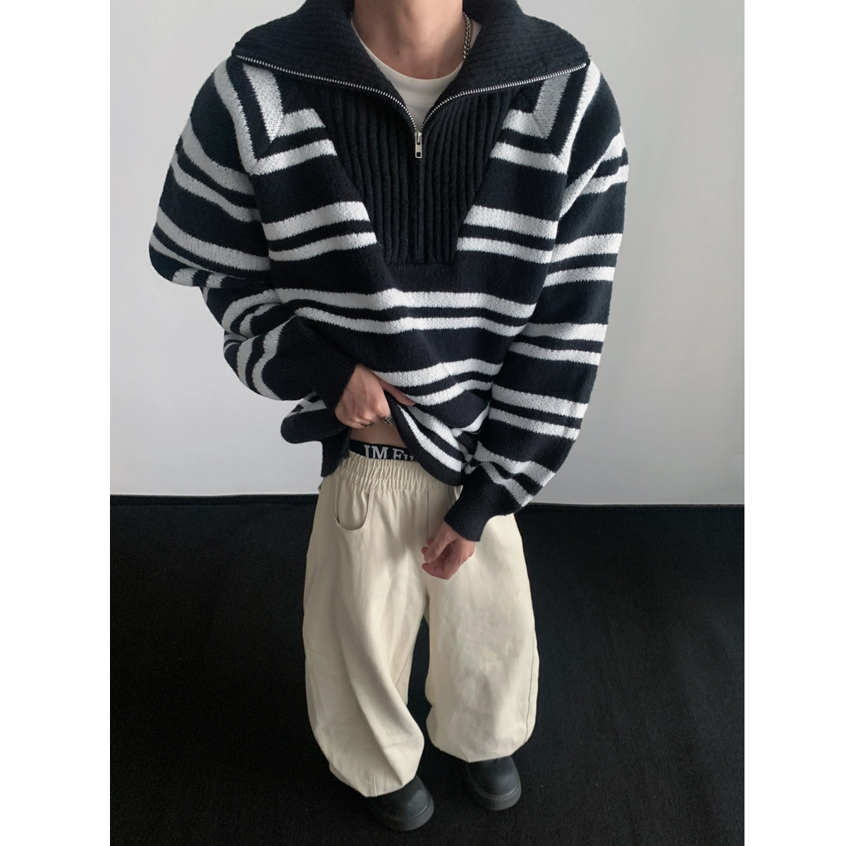 左岸 青少年港风潮牌休闲时尚宽松条纹高级感春秋翻领半拉链上衣保暖秋冬内搭打底衫毛衣 男款