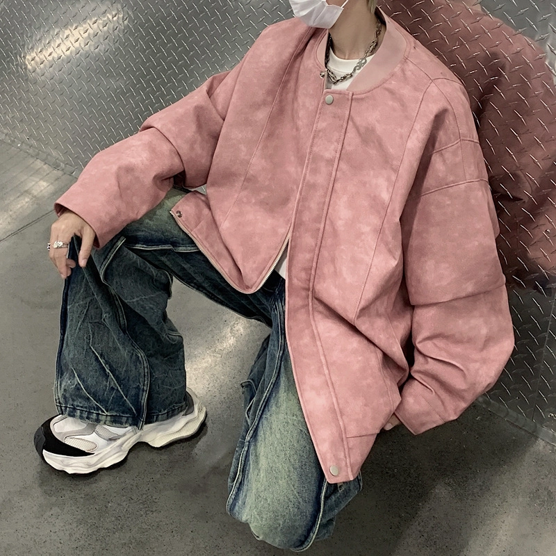 左岸 美式复古高街时尚潮牌百搭扎染印花拉链开衫棒球领上衣休闲宽松舒适春秋季防风夹克外套皮衣 男款