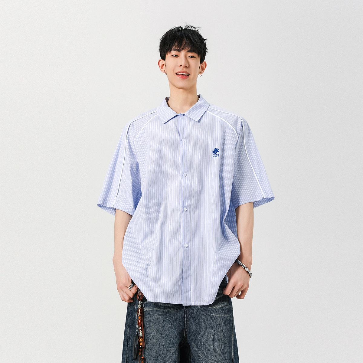 左岸 夏季港风条纹插肩袖绣花潮牌慵懒风痞帅宽松休闲短袖上衣衬衫 男款