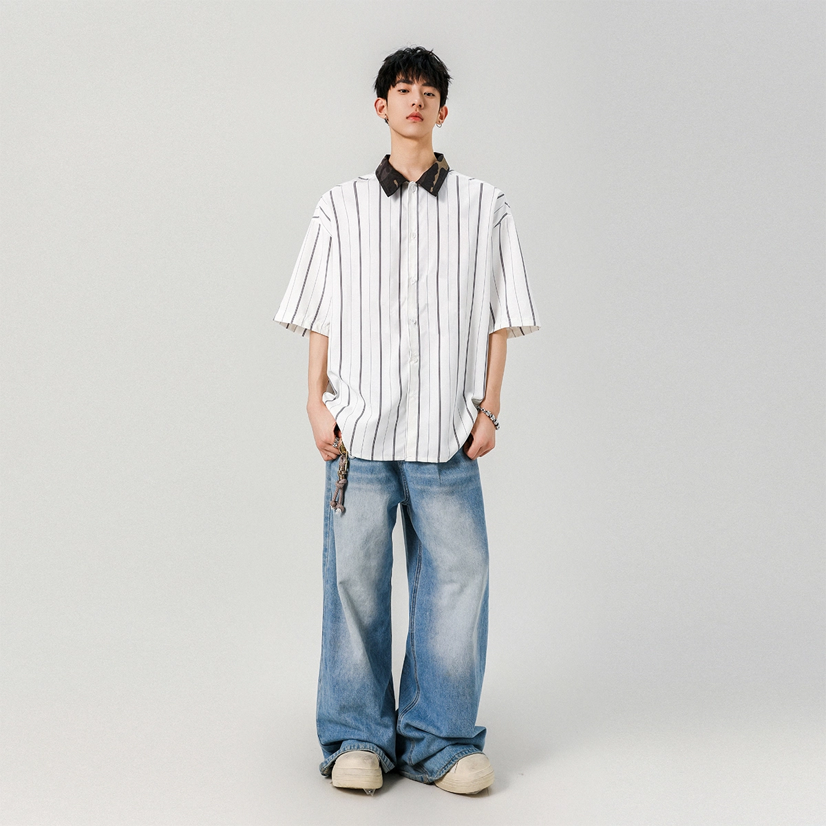 左岸 港风条纹拼接潮牌慵懒风痞帅宽松休闲短袖衬衫 男款